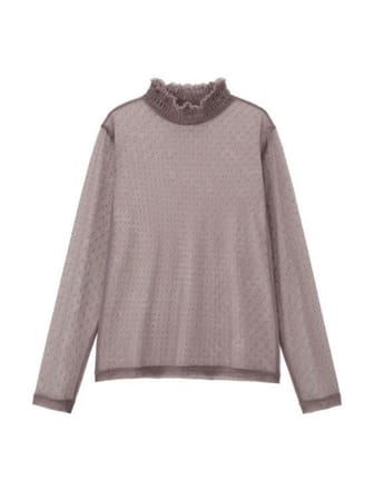 GU Purple Sheer Dot Mesh Transparent Ruffle Neck Top