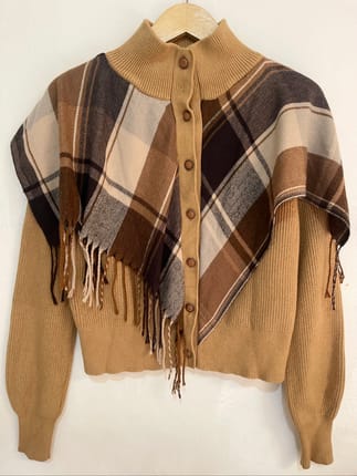 High-neck plaid scarf overlay knit cardigan