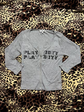 Playboy Grey Rhinestone Zip Cardigan Top Y2K
