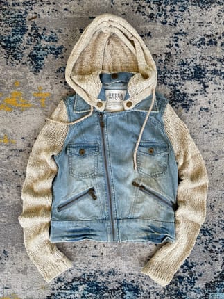 Y2K 00s Billabong moto denim jacket featuring chunky knit