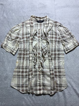 BEAN POLE short-sleeved plaid blouse with a ruffled front bu