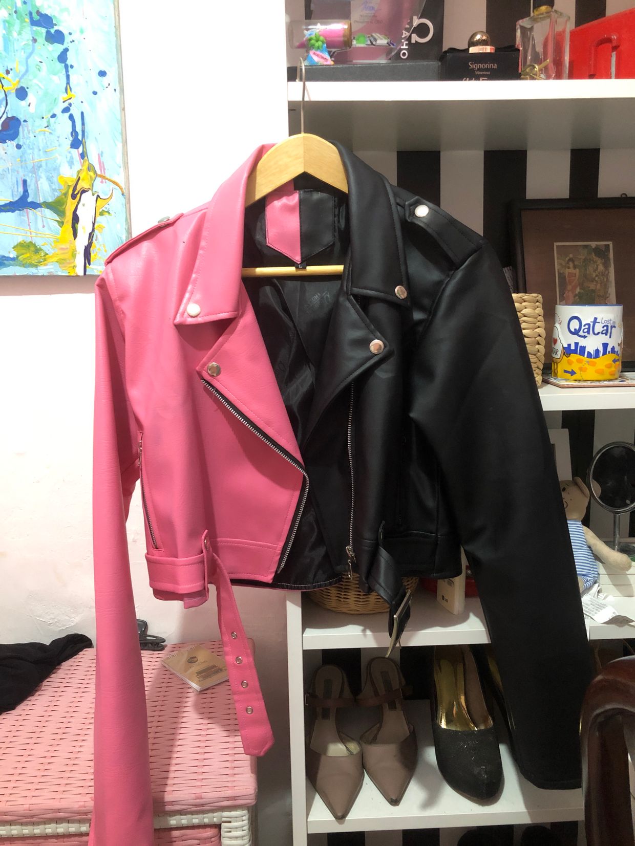 Emo Indie Leather jacket Wanita pink black