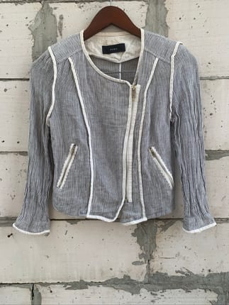 Vintage Asymmetric Biker Jacket Linen Striped Zip