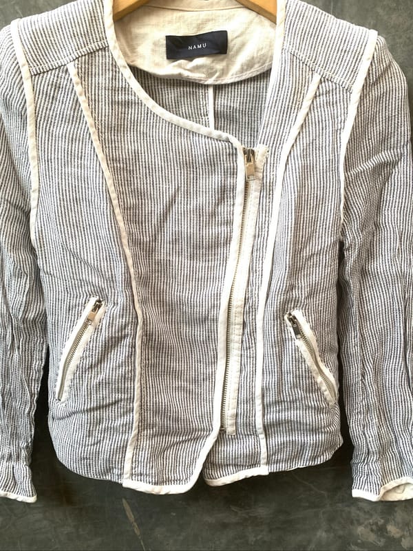 Vintage Asymmetric Biker Jacket Linen Striped Zip, foto 2