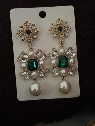 Baroque Diamond Pearl Emerald Gem Long Earrings