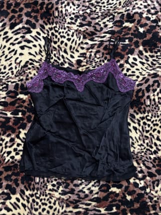 Black Satin Purple Lace Cami Top beaded y2k