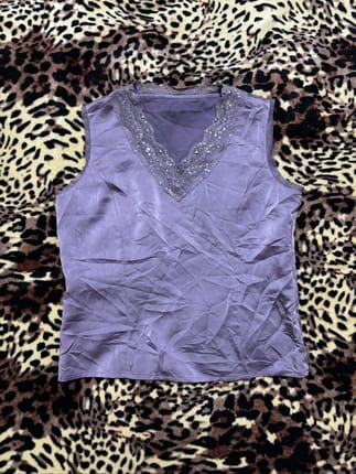 Lilac Satin Sequined Lace V-Neck Top
