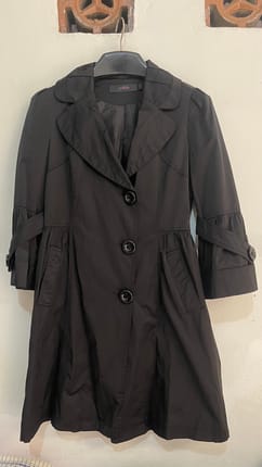 Black satin-finish tailored dress trench coat