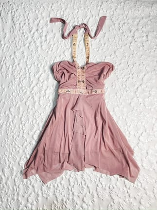 ˚˖𓍢ִ໋❀ Dusty Pink Halter Neck Dress with Ribbon & Asymmetri