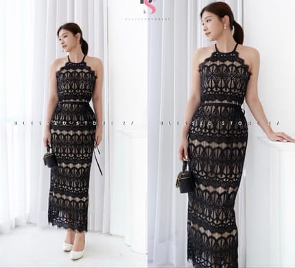 Dress Lace Halter Neck Black