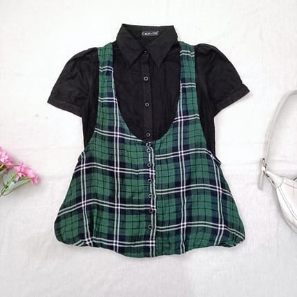 Caiyi-DiE Plaid Pinafore Dress Black Shirt Green Checkered