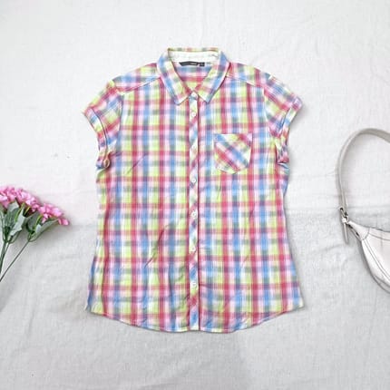 Semir Plaid Shirt Pastel Multicolor Short Sleeve Preppy L