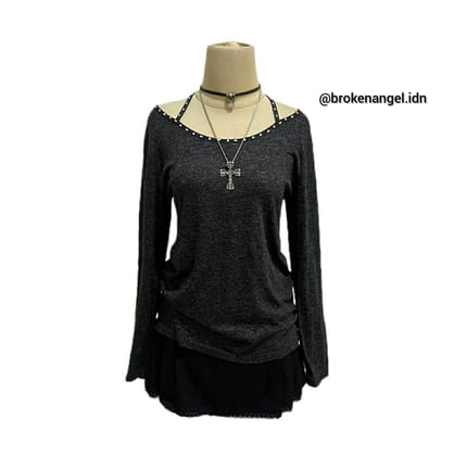 off shoulder grunge y2k dark grey misty