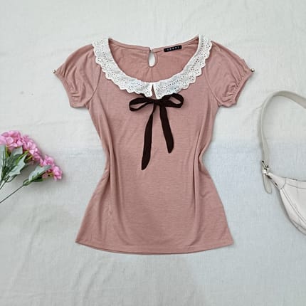 INGNI Japanese Feminine Dusty Pink Lace Collar Ribbon Top M