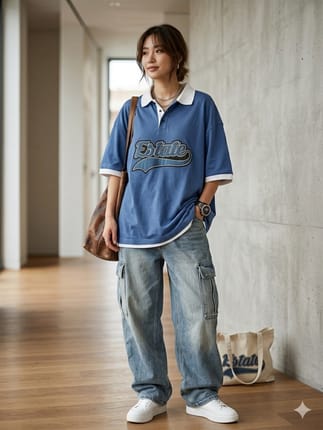 Oversized Relaxed Fit Blue Polo Shirt