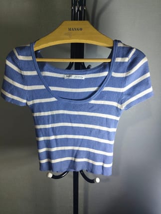 Pull&Bear Striped Ribbed Crop Top - Blue/White