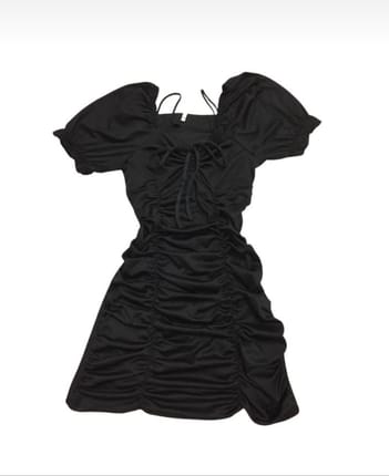 Black Ruched Bodycon Mini Dress with Puff Sleeves