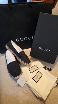 GUCCI black GG canvas and leather espadrilles flats
