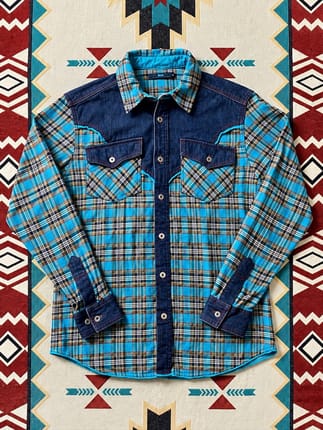 Vintage 90s SMEX Plaid Denim Western Shirt Blue Turquoise Ta