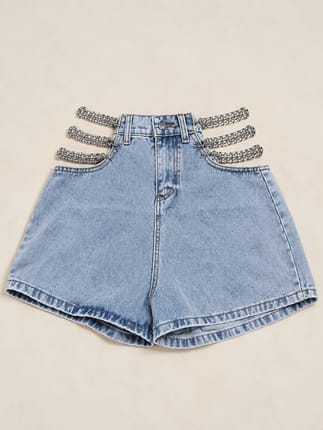 Y2K Chain Denim Shorts Celana Jeans Rantai Silver Edgy