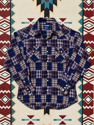 Vintage 90s Wrangler Patchwork Plaid Flannel Shirt Blue Red