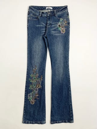 Y2k Langfang Low-Rise Flare Jeans Beaded Floral Embroidery