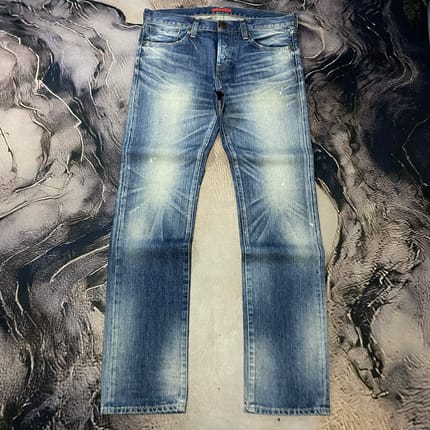 Japanese RedCard Buttonfly Slim Straight Faded Blue Jeans