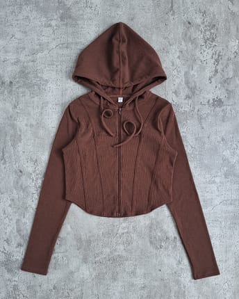 Yishion Casual Dark Brown Crop Zip Hoodie