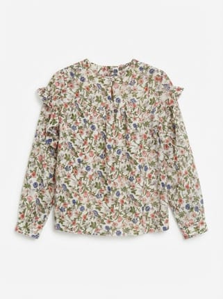 Floral Blouse Top Ruffle Side Korean Looks Beige Cream