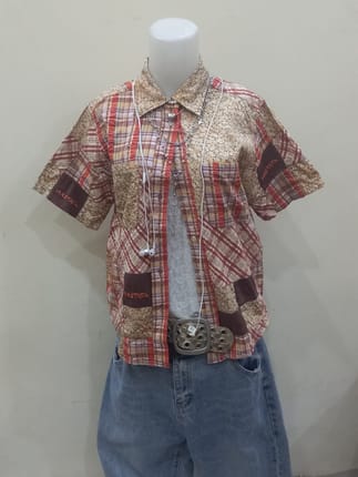 Indie Sleaze Autumn Patchwork Short Sleeve Button Up