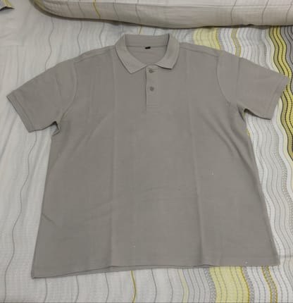 - light gray or beige short-sleeve pique polo shirt