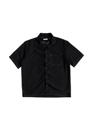 Wego contrast-stitch puckered placket s/s shirt black japan