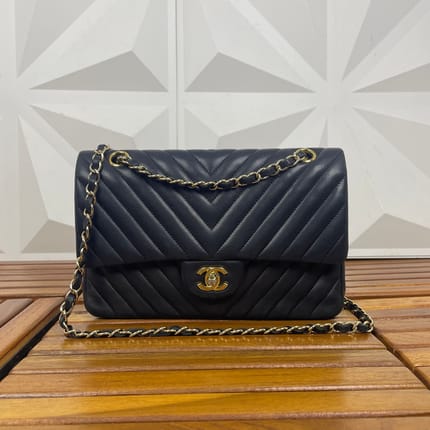 Chanel Lambskin  Chevron Quilted Medium Double Flap Black