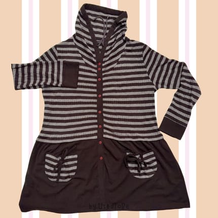 Grey Dark Brown Striped Knit Long Cardigan Cowl Neck Pocket