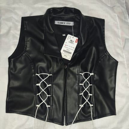Leather Vest Crop Black Rompi Kulit Hitam