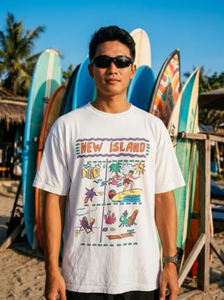 New Island "Beach" Graphic Tee Tag Cut L