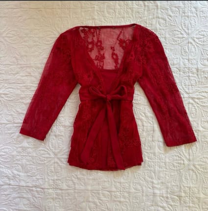 top, atasan, red, lace
