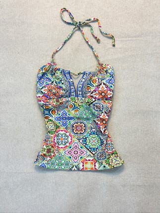 2000s Mediterranean Mosaic Printed Summer Halter Top