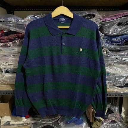 Vintage Lincoln Sports Stripe Wool Acr Button Knit Biru Size