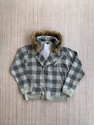Y2K Bullet Noise Faux Fur Plaid Asymmetric Zip Hoodie
