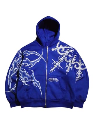 Boxy Hoodie Double Zipper Electric Blue Handmade Painted