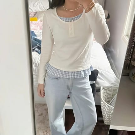 long sleeve white tartan layered
