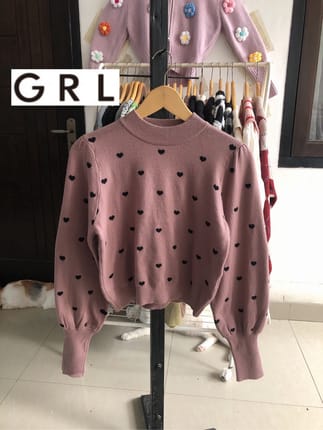 GRL atasan rajut puffy balon rib panjang pink love knit