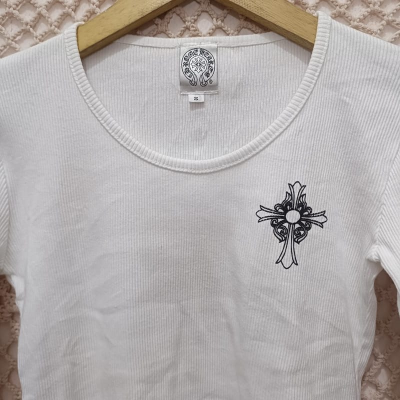 Atasan Rib Putih Motif Cross Gothic S, foto 7