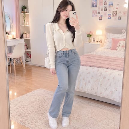 Dev Cardigan Crop Top Warna Broken White Lengan Panjang