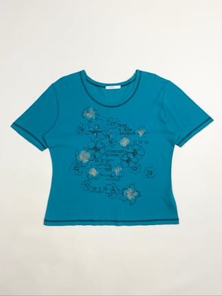 Y2k Brodiaea Turquoise Graphic Tee with Floral & Poem