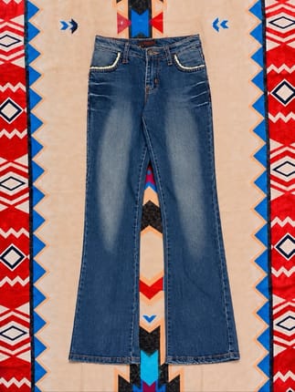 Vintage Y2K Embroidered Bootcut Jeans Blue Denim Cream Braid