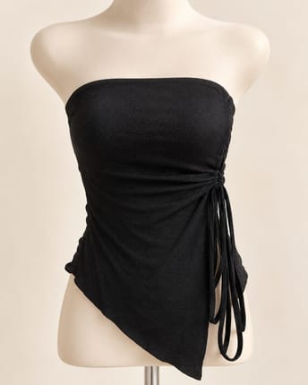SHEIN Black Strapless Asymmetrical Top Ruched Side Tie Y2K