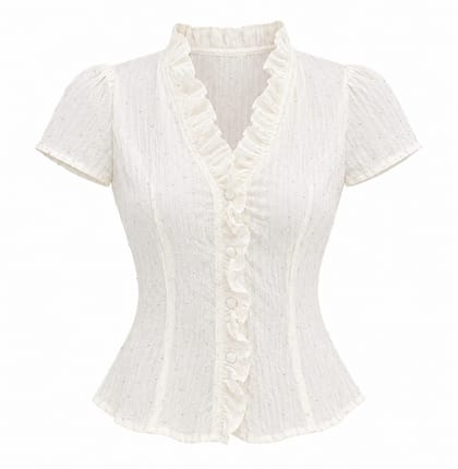 Blouse putih ruffle pearl detail