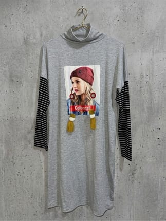 Turtleneck Tassel Striped Sleeve Dress